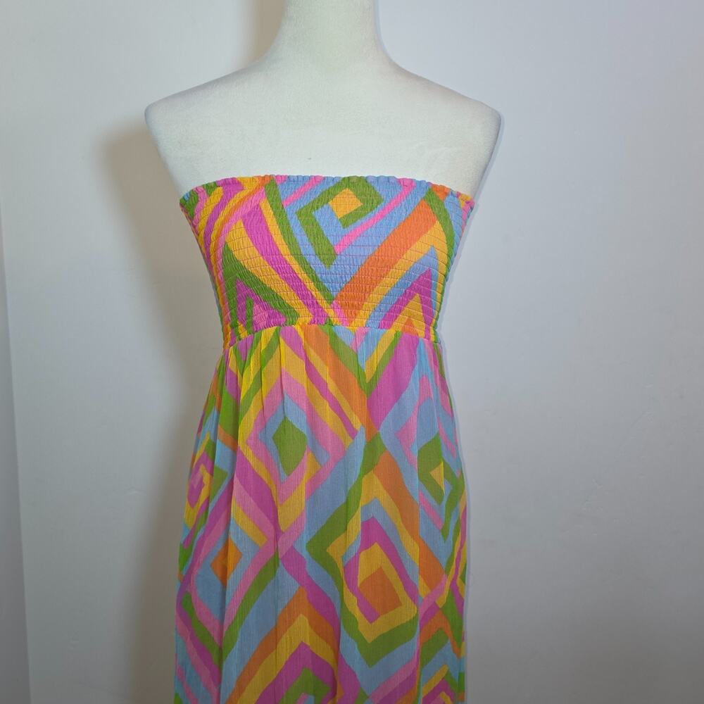 Vintage Strapless Silk Maxi Dress Multicolor Geometric Print Size XS Beach Party - Picture 3 of 8